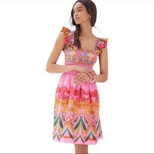 Anthropologie Pink Floral Midi Dress with Yellow & Green Accents